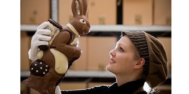 Easter bunnies, and their edible chocolate version, were traditions born in Germany and first popularized in the U.S. in German-American communities. Sandra Jaeckel holds up a big chocolate bunny at Confiserie Felicitas GmbH in Hornow, Germany, March 2014. The company uses pure cocoa butter and produces 400 kilograms (880 pounds) of chocolate every day.