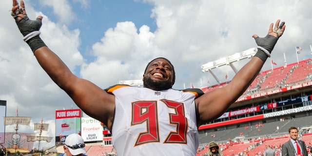 Gerald McCoy of the Buccaneers reacts after defeating the Philadelphia Eagles at Raymond James Stadium on September 16, 2018 in Tampa, Florida.