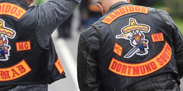 Members of the Bandidos biker gang arriving at a road checkpoint of the police during a biker meeting in Germany in July 2016. The organization has an international presence and members, and affiliated groups were allegedly involved in a deadly shootout in Oklahoma City Saturday.