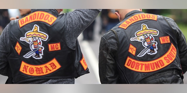 Members of the Bandidos biker gang arriving at a road checkpoint of the police during a biker meeting in Germany in July 2016. The organization has an international presence and members, and affiliated groups were allegedly involved in a deadly shootout in Oklahoma City Saturday.