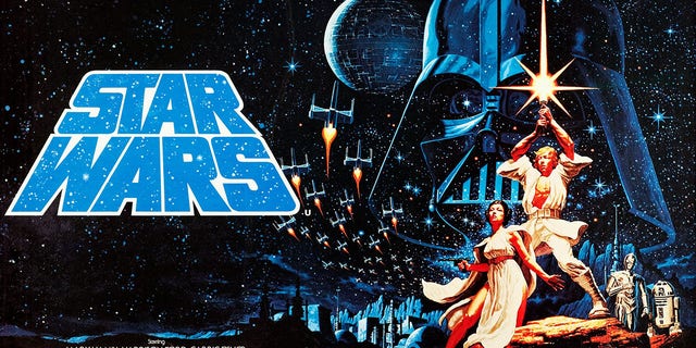 Star Wars, poster (aka: EPISODE IV-A NEW HOPE). In the rear: Darth Vader. In the foreground, from left, Carrie Fisher, Mark Hamill, C-3PO, R2-D2. Poster art, 1977. 