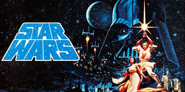 Star Wars, poster (aka: EPISODE IV-A NEW HOPE). In the rear: Darth Vader. In the foreground, from left, Carrie Fisher, Mark Hamill, C-3PO, R2-D2. Poster art, 1977. 