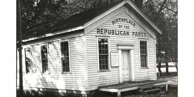 An exterior view of the Little White Schoolhouse, the birthplace of the Republican Party, is shown in 1913, in Ripon, Wisconsin. Officials in Wisconsin announced the building was moved to boost visibility ahead of the GOP national convention.