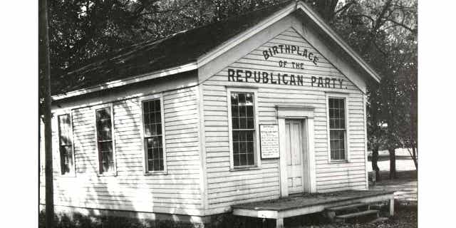 An exterior view of the Little White Schoolhouse, the birthplace of the Republican Party, is shown in 1913, in Ripon, Wisconsin. Officials in Wisconsin announced the building was moved to boost visibility ahead of the GOP national convention.