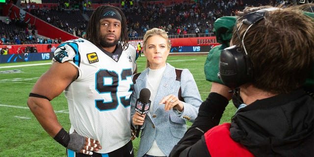 Carolina Panthers defensive end Gerald McCoy chats with NFL Network's Melissa Stark after playing the Tampa Bay Buccaneers on October 13, 2019 at Tottenham Hotspur Stadium in London.