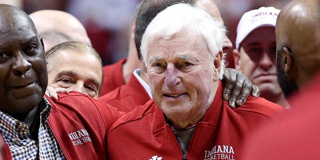 Former Hoosiers head coach Bob Knight on the court during halftime of the game against the Purdue Boilermakers in the Assembly Hall on February 8, 2020 in Bloomington, Indiana.