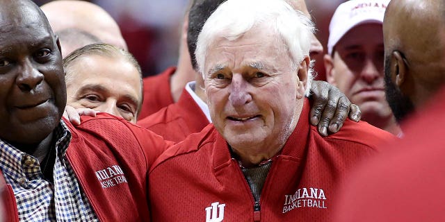 Former Hoosiers head coach Bob Knight on the court during halftime of the game against the Purdue Boilermakers at Assembly Hall on Feb. 8, 2020, in Bloomington, Indiana.