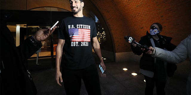 Enes Kanter leaves the John Joseph Moakley United States Courthouse in Boston after he was sworn in as a U.S. citizen and legally changed his name to Enes Kanter Freedom on November 29, 2021. 