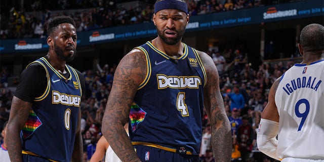 DeMarcus Cousins of the Nuggets reacts during the playff game against the Golden State Warriors on April 24, 2022, at the Ball Arena in Denver.