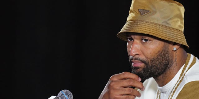DeMarcus Cousins of the Denver Nuggets speaks to the press after the playoff game against the Golden State Warriors on April 27, 2022, at Chase Center in San Francisco.
