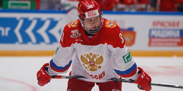 Matvei Michkov, #39 of Russia U20, seen in action during the Liga Stavok St. Petersburg Cup, hockey tournament match between Russia and Russia U20 at Jubilee Arena in Saint Petersburg, Russia.