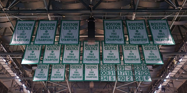 The championship banners in TD Garden shown during the NBA Finals on June 8, 2022, in Boston.