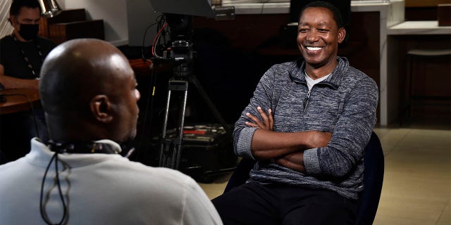 NBA Legend Isiah Thomas of NBA TV prepares for an interview during the 2022 NBA Finals June 12, 2022, at Chase Center in San Francisco.