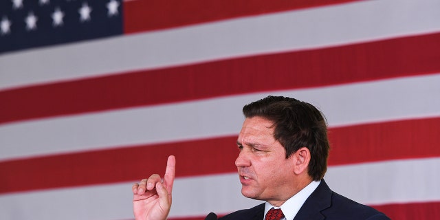 Florida Gov. Ron DeSantis speaks to supporters at a campaign stop on the Keep Florida Free Tour at the Horsepower Ranch in Geneva.