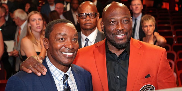 Isiah Thomas and Mitch Richmond pose for a photo during the 2022 Basketball Hall of Fame Induction Ceremony on September 10, 2022 at Symphony Hall in Springfield, Massachusetts. 