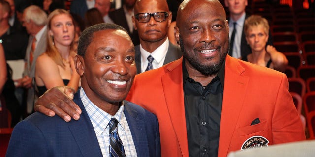 Isiah Thomas and Mitch Richmond pose for a photo during the 2022 Basketball Hall of Fame Induction Ceremony on September 10, 2022 at Symphony Hall in Springfield, Massachusetts. 