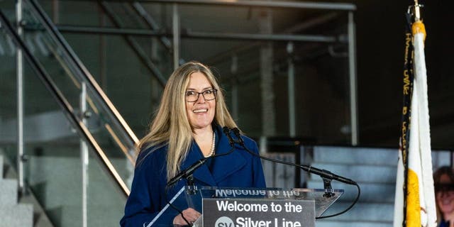 Rep. Jennifer Wexton speaks at a celebration of the opening of a new subway station at Dulles International Airport in Dulles, Virginia.