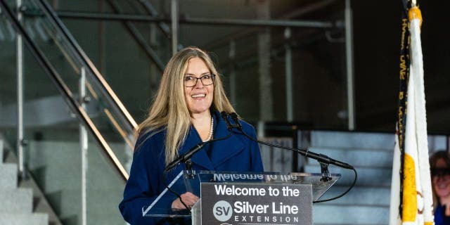 Rep. Jennifer Wexton speaks during a celebration of the opening of a new Metro station at Dulles International Airport in Dulles, Virginia.
