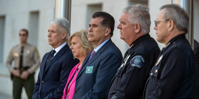 From left, Los Angeles County District Attorney George Gascon, Los Angeles County Supervisor Janice Hahn, Los Angeles County Sheriff Robert Luna, Monterey Park Police Chief Steve Wiese and LAPD Chief Michel Moore take part in a press conference in downtown Los Angeles.