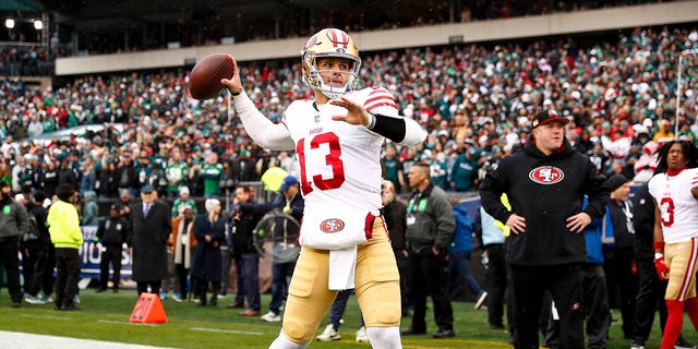 Brock Purdy of the San Francisco 49ers throws before the NFC Championship game against the Eagles on Jan. 29, 2023, in Philadelphia.