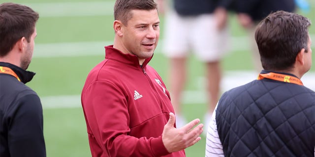 Troy Trojans head coach Jon Sumrall attends the Reese's Senior Bowl National team practice on Feb. 1, 2023, at Hancock Whitney Stadium in Mobile, Alabama.