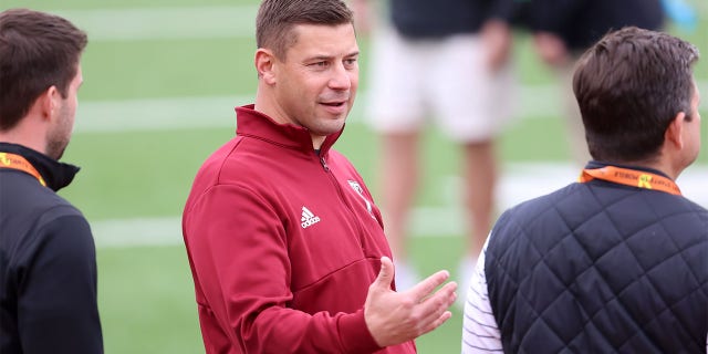 Troy Trojans head coach Jon Sumrall attends the Reese's Senior Bowl National team practice on Feb. 1, 2023, at Hancock Whitney Stadium in Mobile, Alabama.