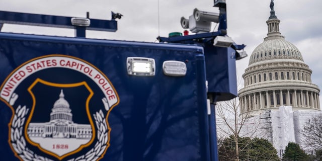 A Capitol Police command truck near security fencing outside the U.S. Capitol in Washington, DC, on Monday, Feb. 6, 2023. 