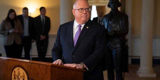 Maryland Governor Larry Hogan practices his farewell address at the Maryland State House in Annapolis, Maryland, on Jan. 10, 2023.