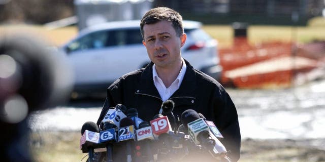 Pete Buttigieg, US transportation secretary, speaks during a news conference near the site of the Norfolk Southern train derailment in East Palestine, Ohio, US, on Thursday, Feb. 23, 2023.