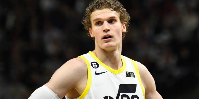 Lauri Markkanen, #23 of the Utah Jazz, looks on during the first half against the Portland Trail Blazers at Vivint Arena on March 22, 2023, in Salt Lake City, Utah.