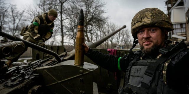 Ukrainian soldiers on the front line as they continue in the direction of Bakhmut in the Donetsk region.