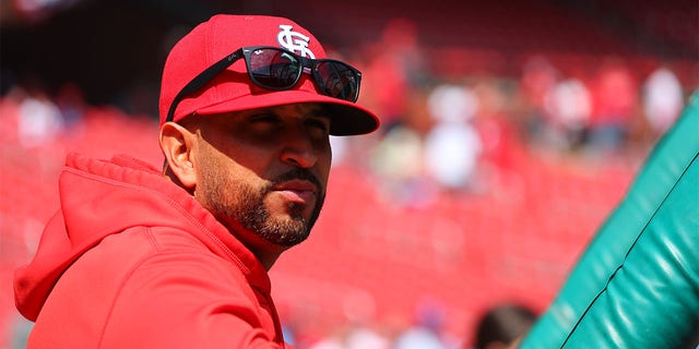 Manager Oliver Marmol of the Cardinals before the Toronto Blue Jays game at Busch Stadium on March 30, 2023, in St. Louis.