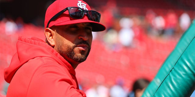 Manager Oliver Marmol of the Cardinals before the Toronto Blue Jays game at Busch Stadium on Thursday, March 30, 2023, in St. Louis.