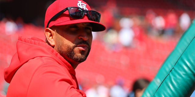 Manager Oliver Marmol of the Cardinals before the Toronto Blue Jays game at Busch Stadium on March 30, 2023, in St. Louis.