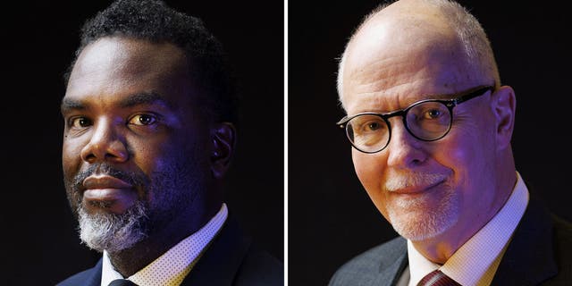 Mayoral candidates Brandon Johnson, left, and Paul Vallas, on Jan. 23, 2023, in Chicago. Chicagoans will vote Tuesday on which of the two Democrats will replace outgoing Mayor Lori Lightfoot.