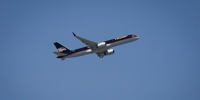 Former President Donald Trump's private airplane left Palm Beach International Airport in Florida on Monday, April 3, 2023.