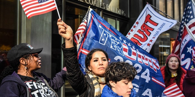 Supporters of former US President Donald Trump outside of Trump Tower in New York, US, on Monday, April 3, 2023.