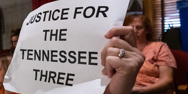 Protesters listen during a house session from the gallery at the Tennessee State Capitol during a protest to demand action for gun reform laws in the state on April 3, 2023 in Nashville, Tennessee.