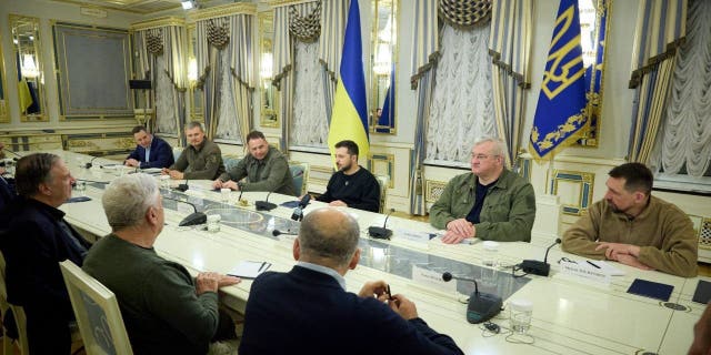 Ukrainian President Volodymyr Zelenskyy meets former U.S. Secretary of State Mike Pompeo in Kyiv, Ukraine, on April 4, 2023.