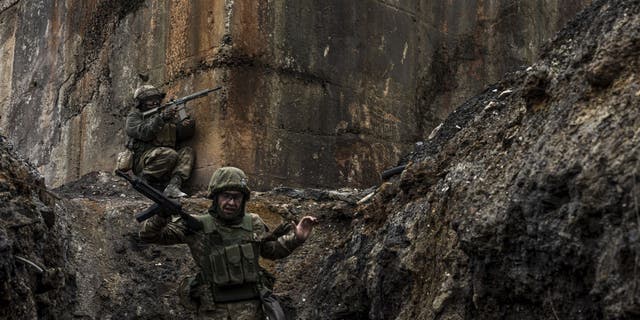 Ukrainian soldiers of the Aidar battalion training at an undetermined location in Donetsk oblast, April 4, 2023. 