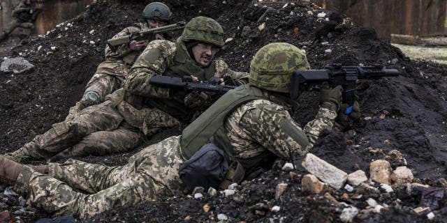 Ukrainian soldiers of the Aidar battalion training at an undetermined location in Donetsk oblast, April 4, 2023. 