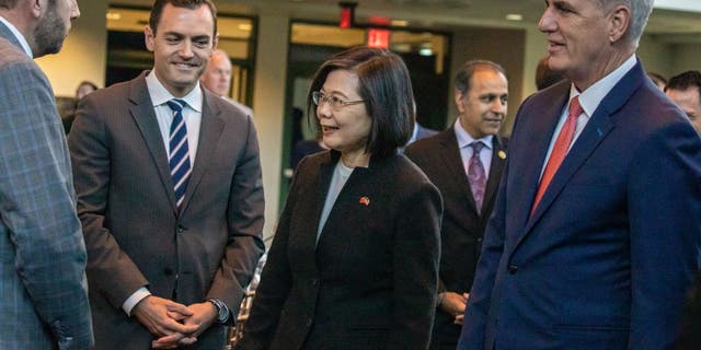 House Speaker Kevin McCarthy with Taiwan President Tsai Ing-wen at the Ronald Reagan Presidential Library on Wednesday, April 5, 2023, in Simi Valley, California.