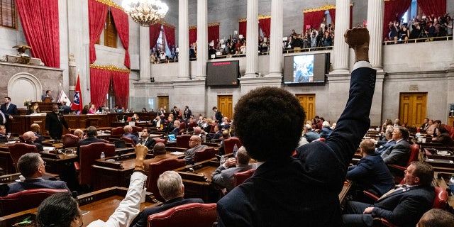 Democratic state representatives Justin Jones (lower left) of Nashville and Justin Pearson (center) of Memphis gesture to supporters during a vote in which they were expelled from the state legislature April 6, 2023, in Nashville.