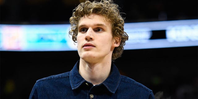 Lauri Markkanen, #23 of the Utah Jazz, looks on during the first half of a game against the Oklahoma City Thunder at Vivint Arena on April 6, 2023, in Salt Lake City, Utah.
