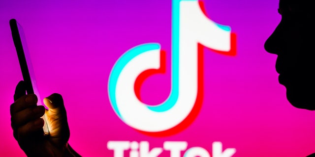 In this photo illustration, a woman's silhouette holds a smartphone with the TikTok logo in the background.