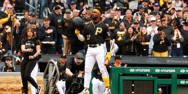 Andrew McCutchen, #22 of the Pittsburgh Pirates, acknowledges the crowd in the first inning against the Chicago White Sox during inter-league play on Opening Day at PNC Park on April 7, 2023, in Pittsburgh, Pennsylvania. 
