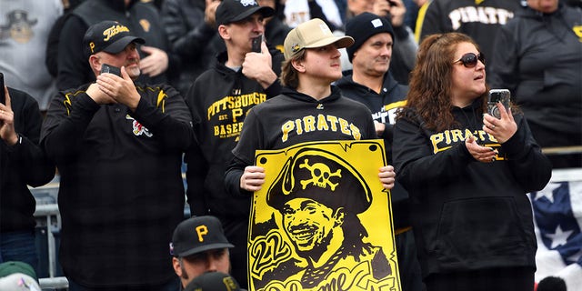 A fan holds a sign featuring Andrew McCutchen during the game between the Chicago White Sox and the Pittsburgh Pirates at PNC Park on Friday, April 7, 2023, in Pittsburgh, Pennsylvania.
