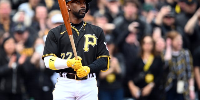 Andrew McCutchen, #22 of the Pittsburgh Pirates, bats in the first inning during the game between the Chicago White Sox and the Pittsburgh Pirates at PNC Park on Friday, April 7, 2023, in Pittsburgh, Pennsylvania.
