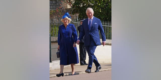 King Charles III and Camilla, Queen Consort attend the Easter Mattins Service at Windsor Castle on April 9, 2023 in Windsor, England.