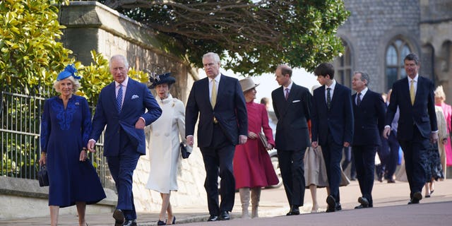 King Charles III and Camilla, Queen Consort lead members of the royal family as they attend the Easter Mattins Service at Windsor Castle on April 9, 2023, in Windsor, England.